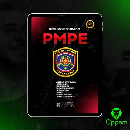 Resumo Bizurado PMPE aberto em um tablet, com as seis matérias do edital